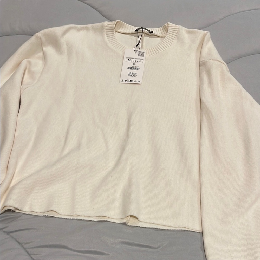 Zara Off-White Ribbed Knit Top